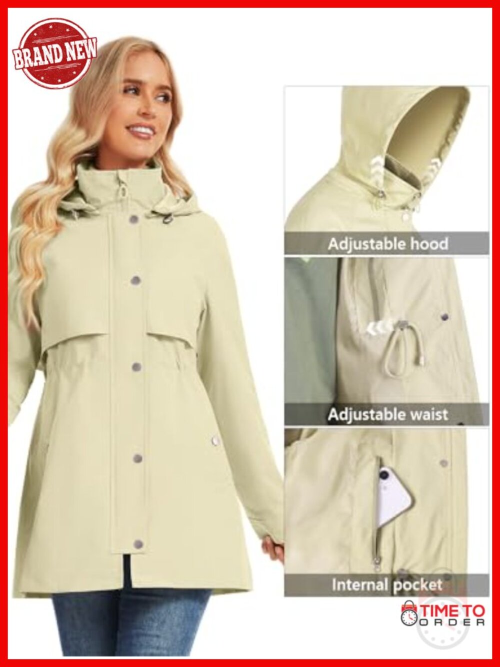 Women's Removable Hood Rain Jacket Waterproof Windbreaker 3-Layer PU Outdoor - Picture 3 of 6